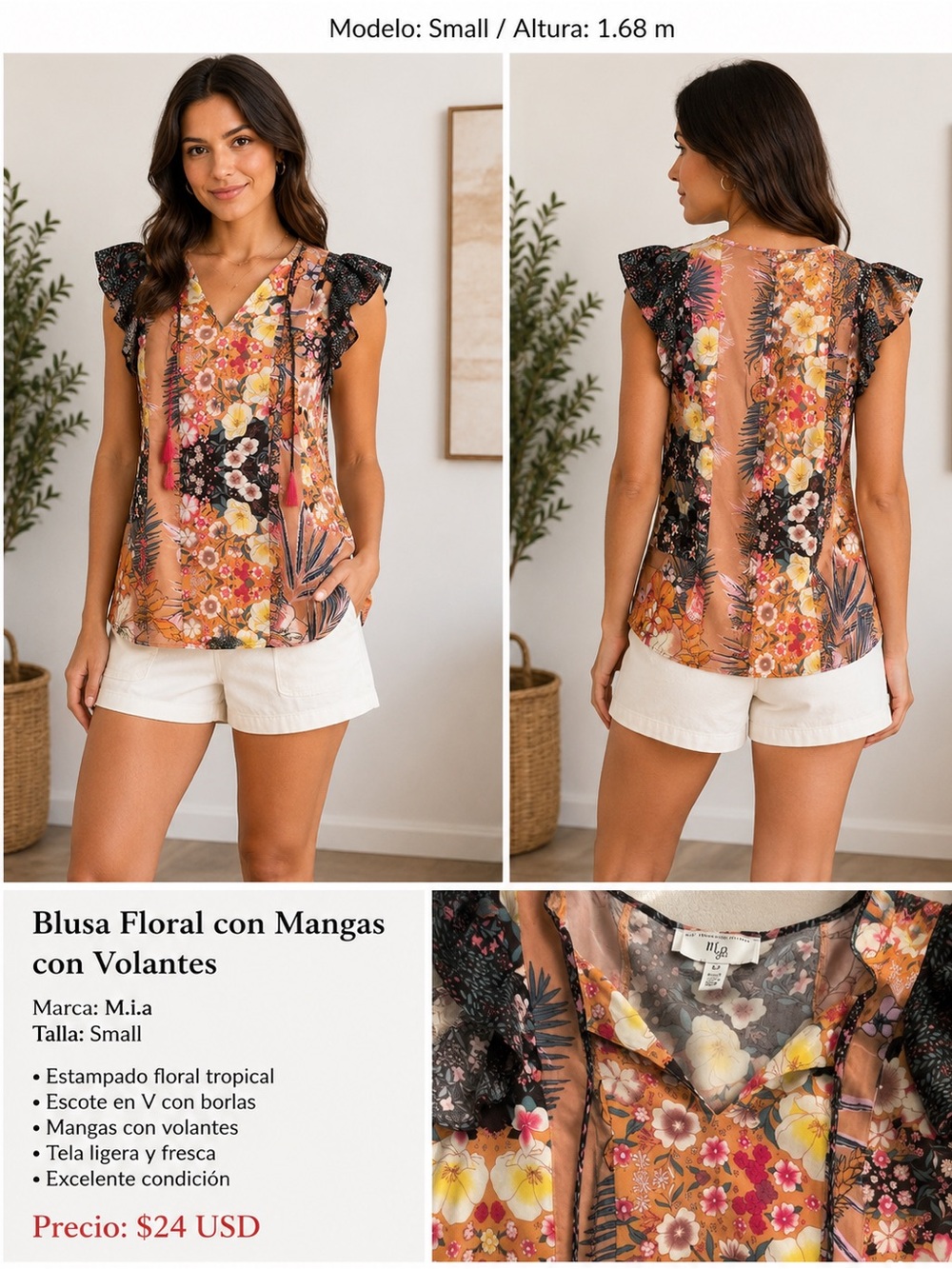 M.i.a Tropical Floral Ruffle Sleeve Blouse Size Small